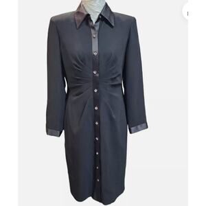 Vintage Talbots Black Front Button Up Ruched Knee Length Dress Size 6 Petites